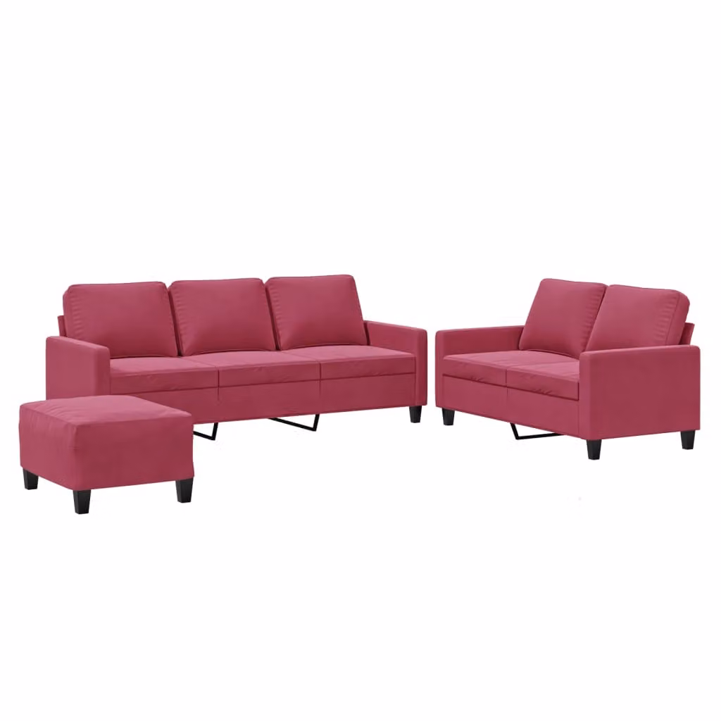 Set di Divani 3 pz con Cuscini Rosso Vino in Velluto