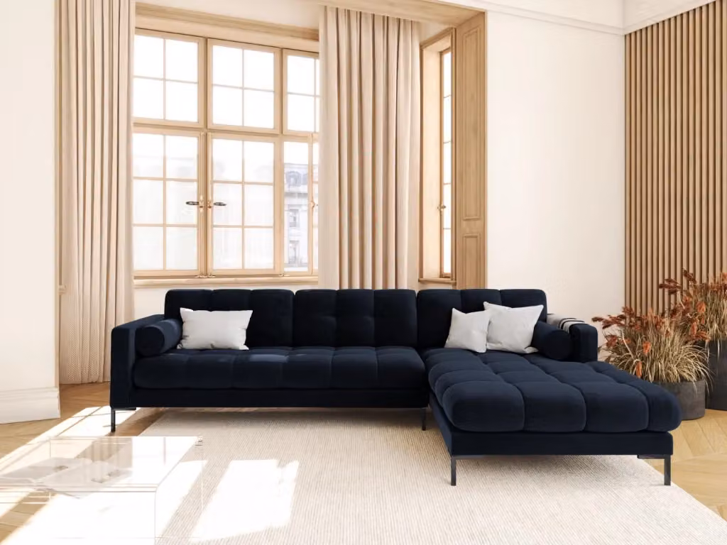 Divano angolare destro Bali di Cosmopolitan Design in velluto blu scuro, 5 posti, L: 293 cm, P: 185 cm, H: 75 cm – 2