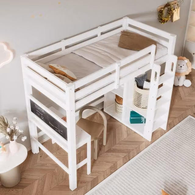 Letto a soppalco singolo 200×90 cm con scrivania, lavagna, armadio e ripiani, senza materasso, in legno, bianco