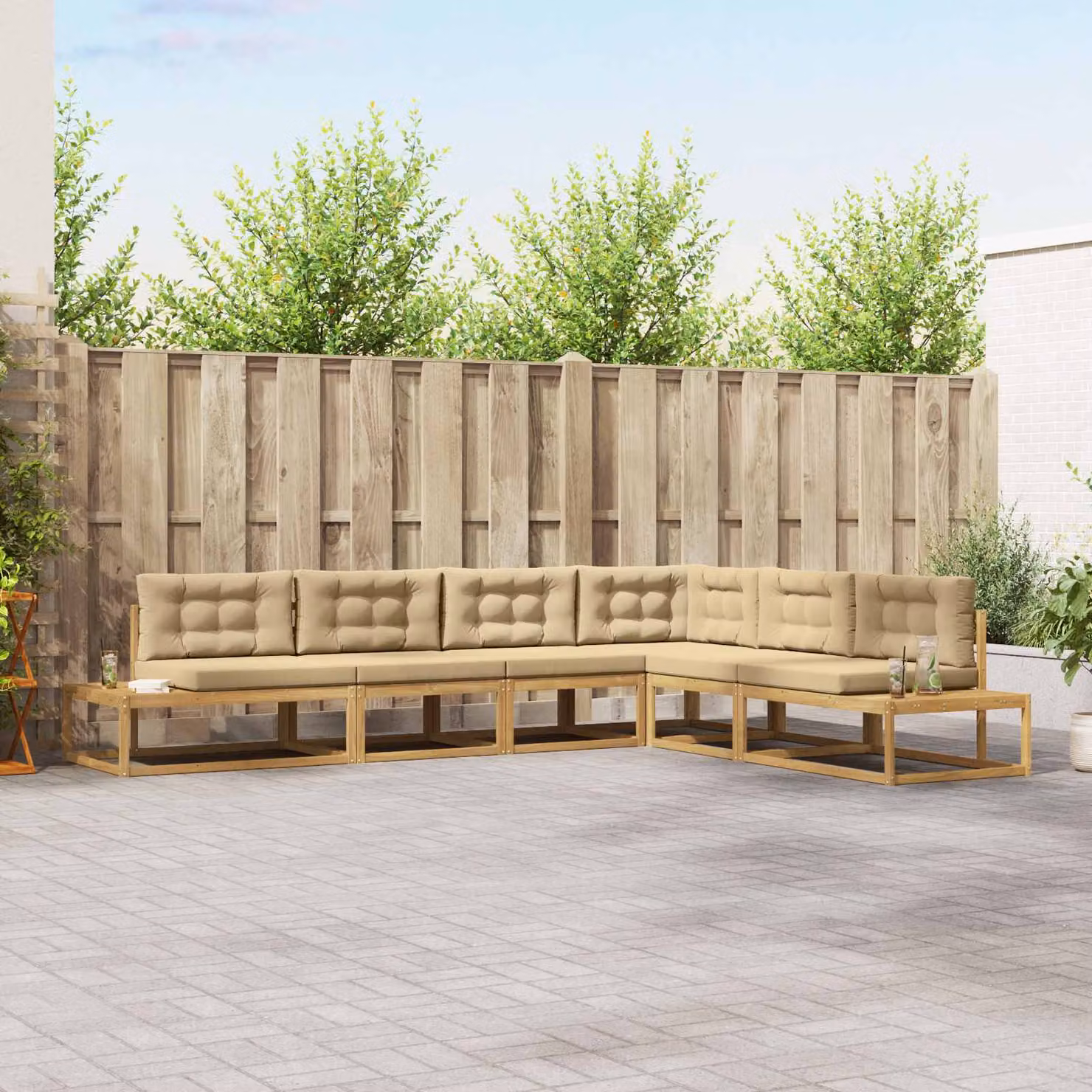 Set di divani da esterno vidaXL a forma di L composto da 6 pezzi in legno di acacia con cuscini in poliestere bianco, beige e marrone