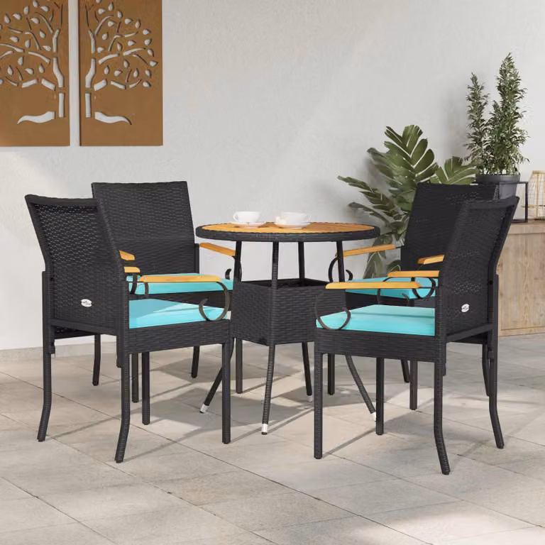 Set di 4 sedie da giardino vidaXL in polyrattan e legno di acacia con cuscini, colore nero e turchese