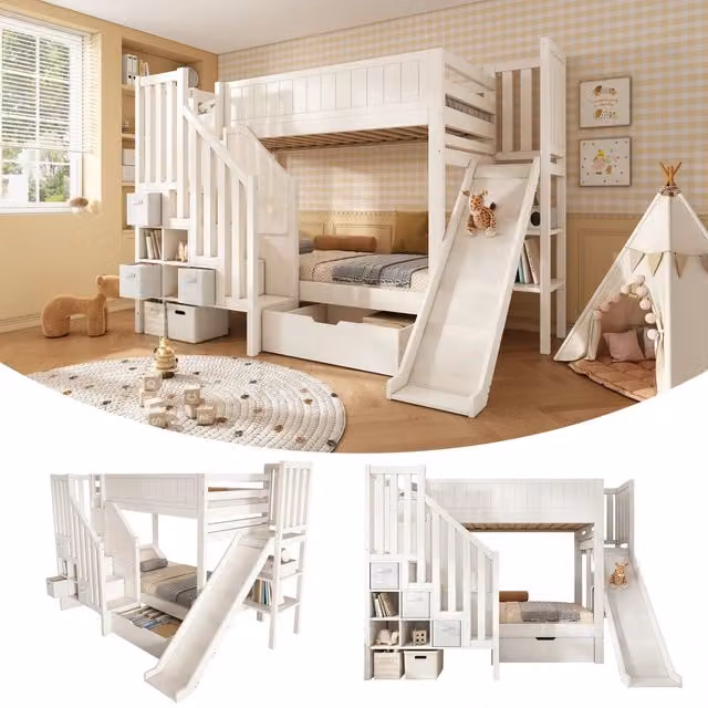 Letto a castello per bambini 90 x 200 cm con scivolo, armadio a scala, cassetti, scaffale aperto, rete a doghe, EN747-1:2024, senza materasso - Bianco