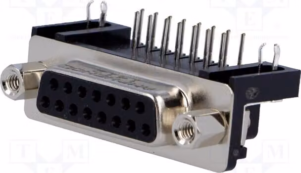 1 connettore D-Sub femmina a montaggio su circuito stampato, angolo di 90°, con 15 pin, 5A, modello L77SDA15S1ACH4F