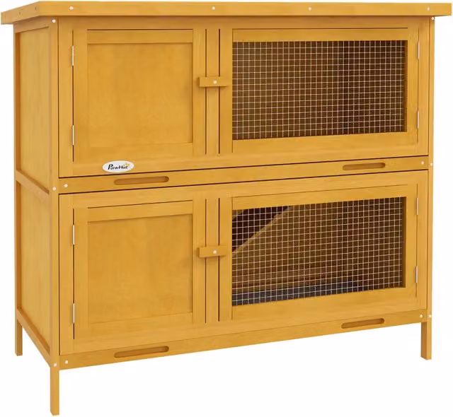 Conigliera XYLO a 2 Livelli in Legno di Abete Giallo con Rampa e Vassoi Estraibili L: 97 cm, P: 44 cm, H: 91 cm
