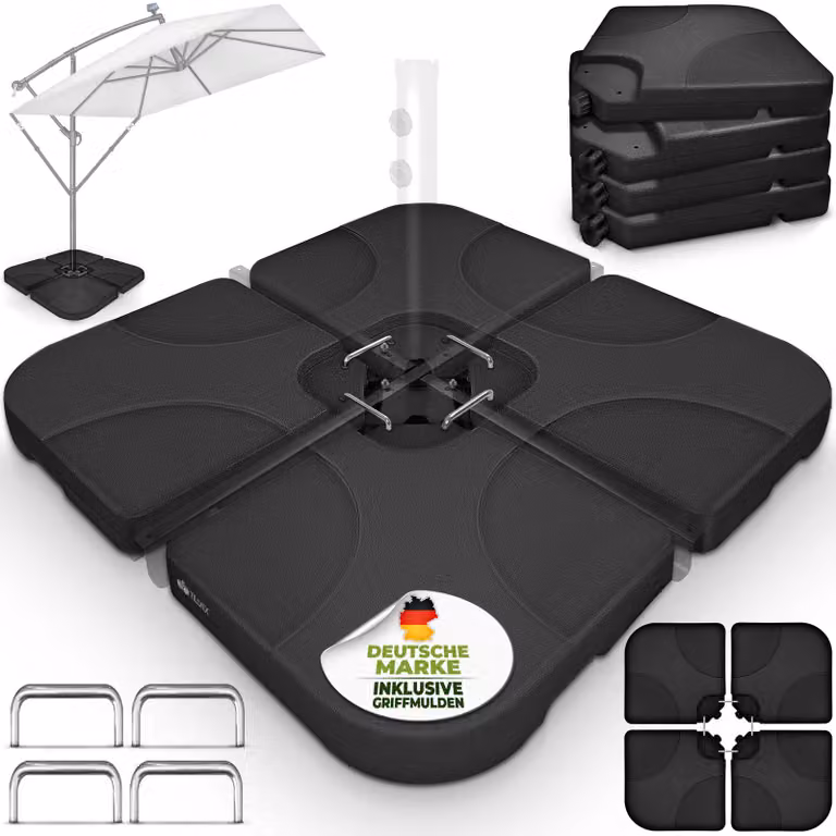 tillvex® Supporto per ombrellone nero 60 litri / 80 kg - 4 pezzi per ombrellone a sbalzo incl. connettore in metallo | peso dell'ombrellone riempibile con acqua o sabbia | supporto per ombrellone a sbalzo resistente alle intemperie