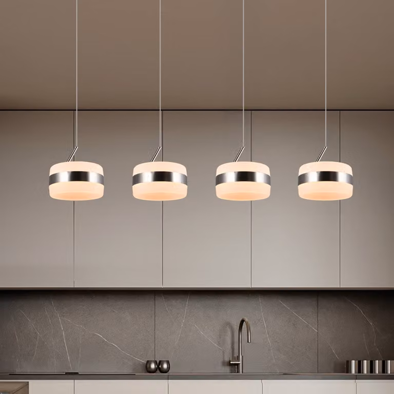 Trio Lighting Lampada LED a sospensione Dios, color nichel, lunghezza 85 cm, CCT, 4 luci. dimmerabile, Alluminio / Grigio / Zincato, Soggiorno / Sala da pranzo, Metallo, Moderno