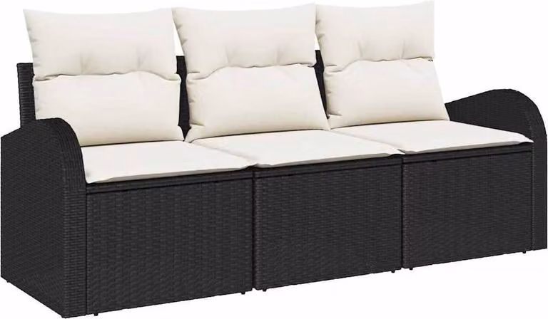 Set Divano da Giardino con cuscino 3 pcs Nero Poly Rattan