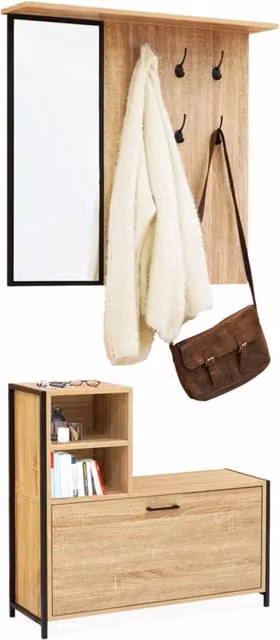 IDMarket Guardaroba d'ingresso DETROIT in stile industriale con specchio e scarpiera, Nero e Marrone, H: 185 cm, L: 120 cm, P: 30 cm