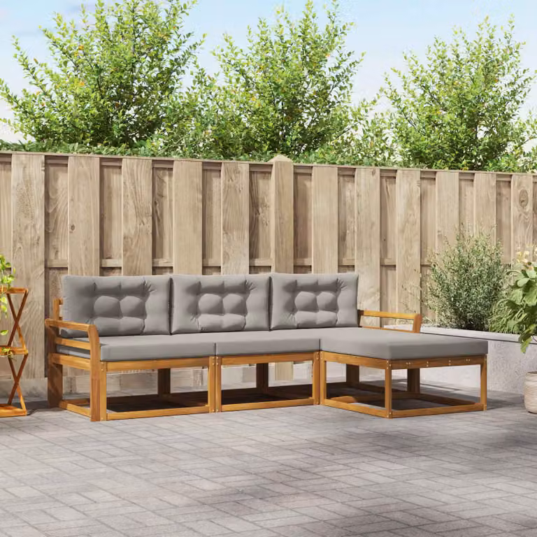 vidaXL Set di divani da esterno a forma di L con pouf, legno di acacia e cuscini inclusi, Grigio e Marrone