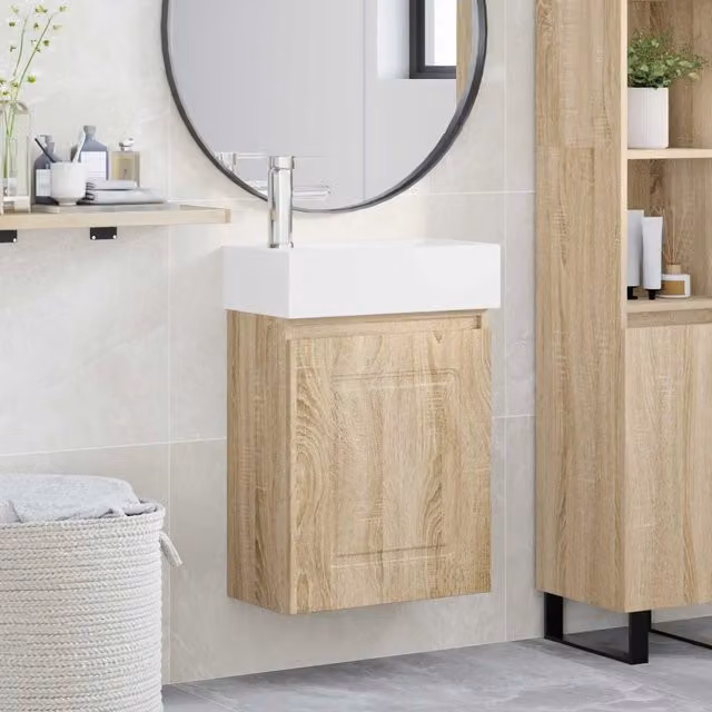Mobile bagno sospeso vidaXL in rovere e bianco con lavabo in ceramica L/P/H: 45,5 x 22,5 x 84 cm