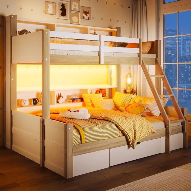 Letto a castello Xylo in legno di pino con LED, cassetti e scala, Bianco e Naturale, L/P/H: 230 x 140 x 174,5 cm e 90 x 200 cm – 1