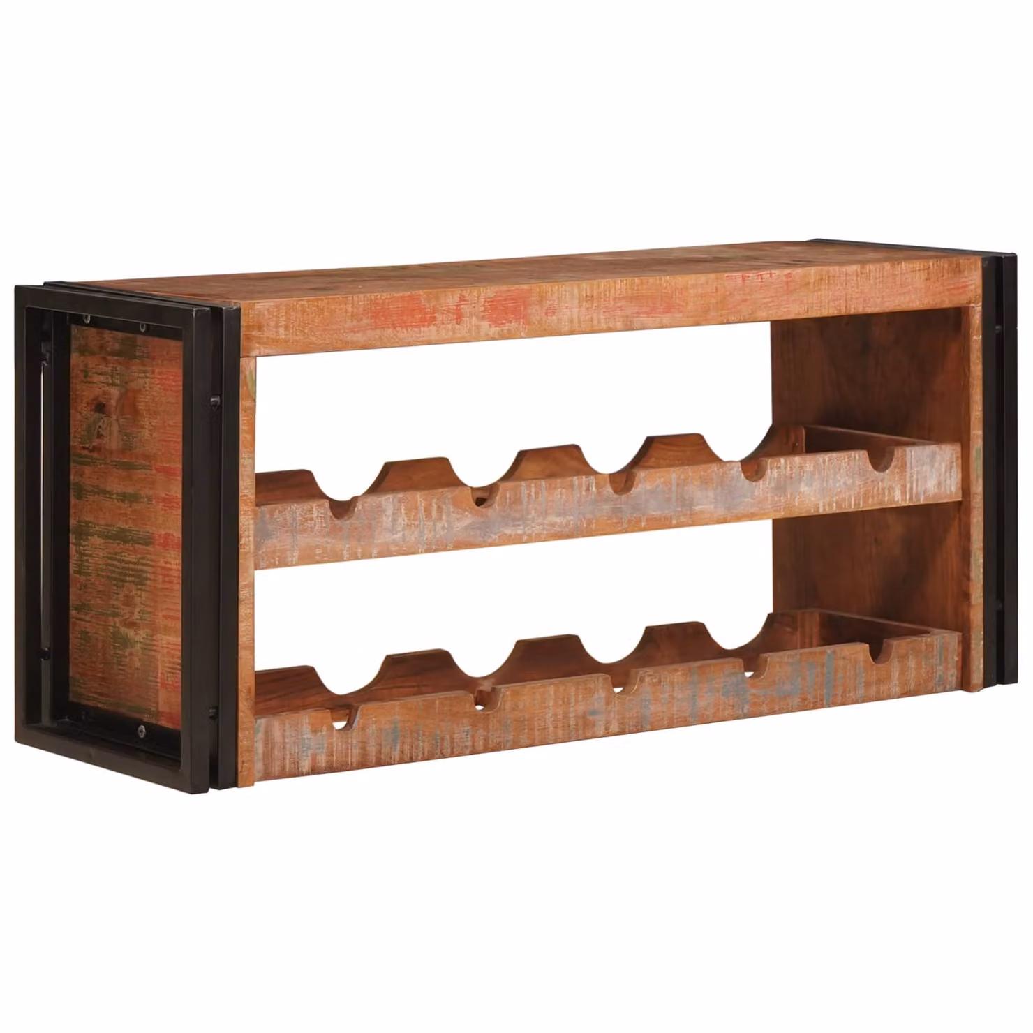 vidaXL Portabottiglie in stile industriale in legno massello e metallo, marrone, L 100 x P 45 x H 33 cm