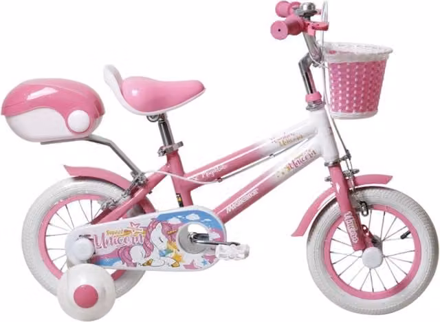 Bicicletta per bambine Unicorn GIORDANOSHOP con stabilizzatori, bauletto e cestino, colore rosa