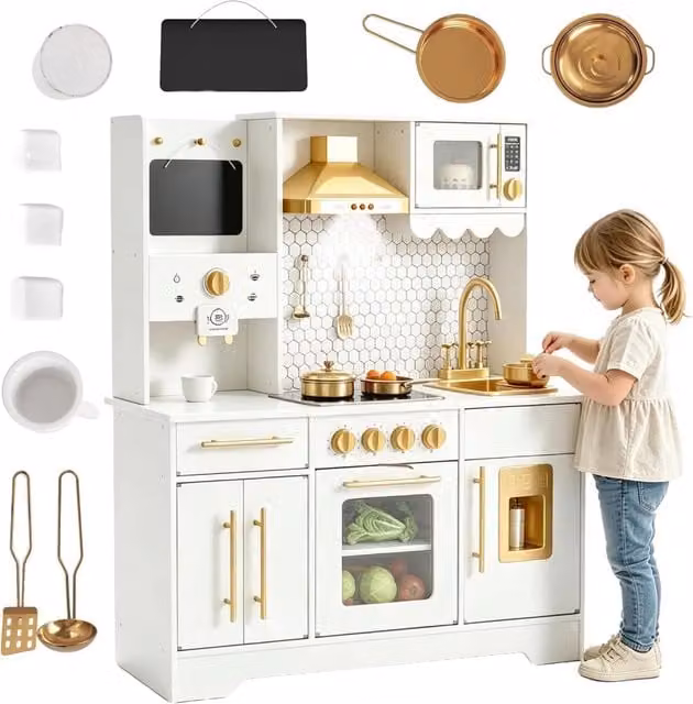 Cucina Giocattolo Per Bambini; Cucina Di Gioco Con Suoni; Fornelli; Rubinetto; Lavello; Microonde; Orologio; Macchina Per Il Ghiaccio e Accessori Da Cucina; Cucina Di Gioco in Legno Per Bambini Dai 3