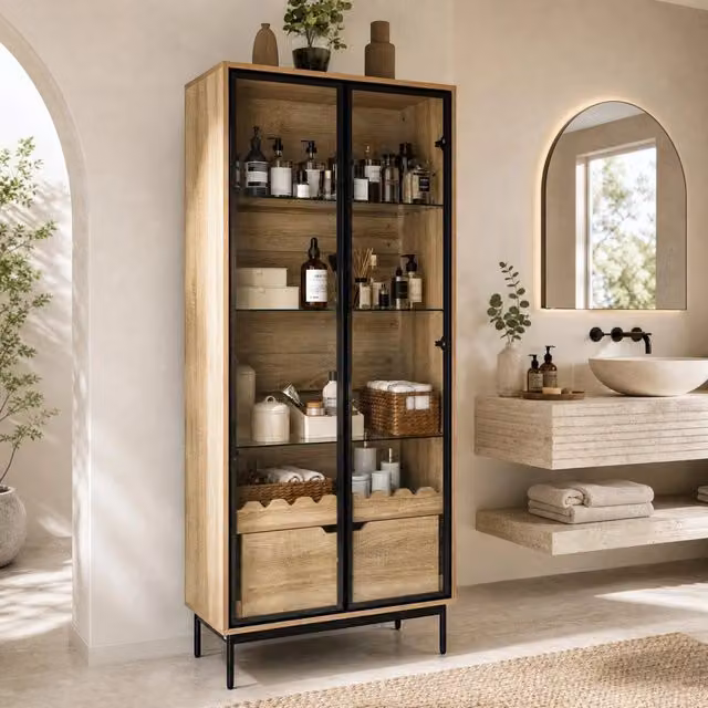 Vetrina con anta in vetro e cassetto, ripiani regolabili, decorazione a onde, per soggiorno bagno e ingresso