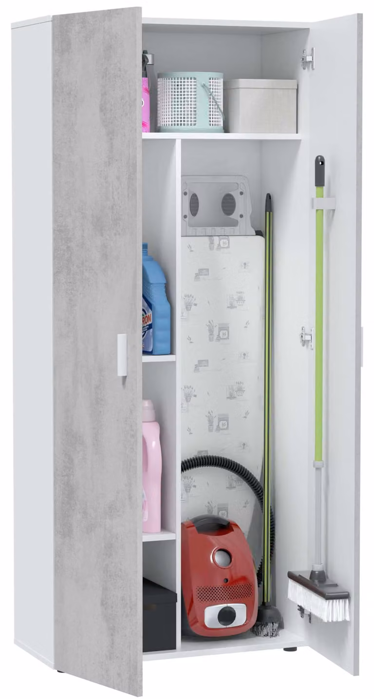 Armadio multifunzionale a 2 ante, dimensioni 80x182x37 cm, bianco/grigio cemento