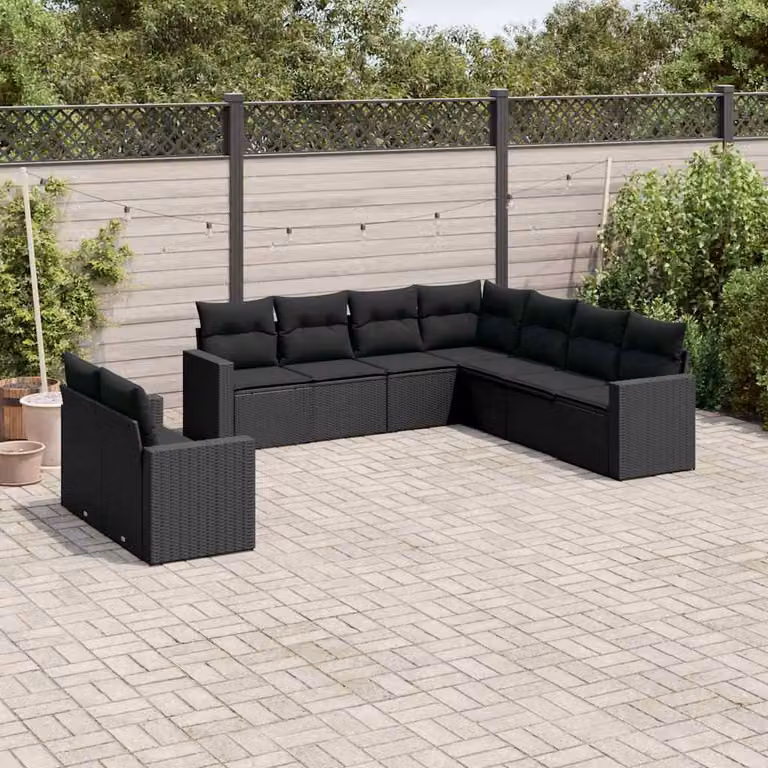 vidaXL Set Divani da Giardino 9 pz a Forma a L con Cuscini Neri in Polyrattan e Struttura in Acciaio Verniciato a Polvere