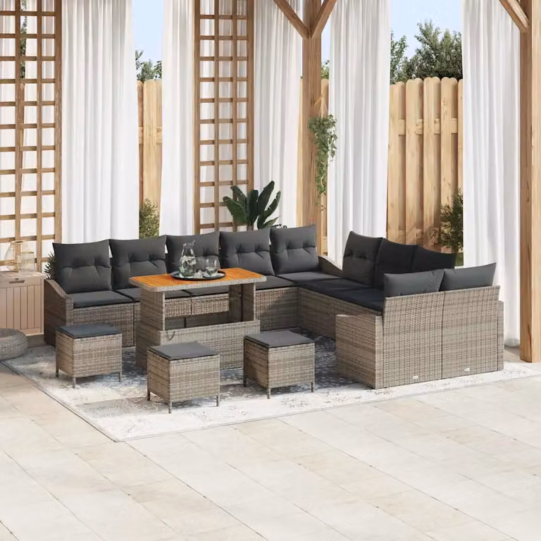 Set Divano da Giardino a L con Tavolino e Pouf vidaXL, Grigio, in Rattan e Metallo con Cuscini Imbottiti e Rivestimenti Rimovibili