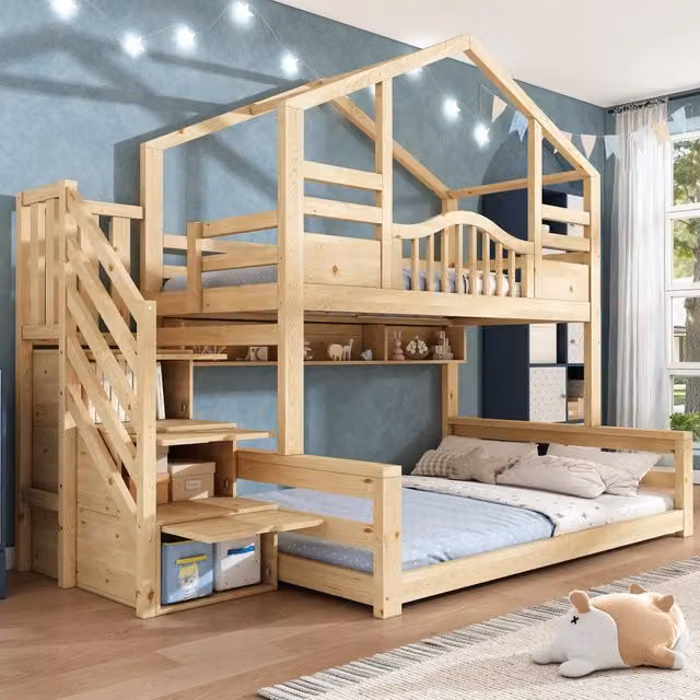 Letto a castello a casetta 90x200 e 140x200 cm con scala contenitore in legno naturale HAVRYA