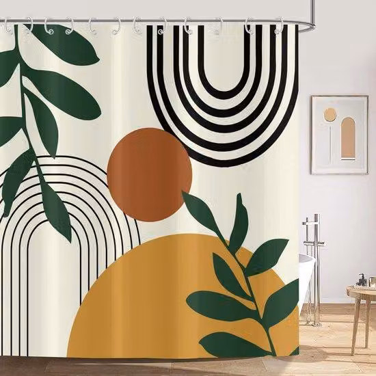 Tenda da doccia in poliestere impermeabile, stile boho, con motivi di sole e foglie