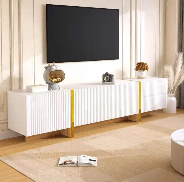 Mobile TV 190x35x45 cm; 2 cassetti e 3 ante con chiusura ammortizzata; MDF e pannello truciolare bianco e oro