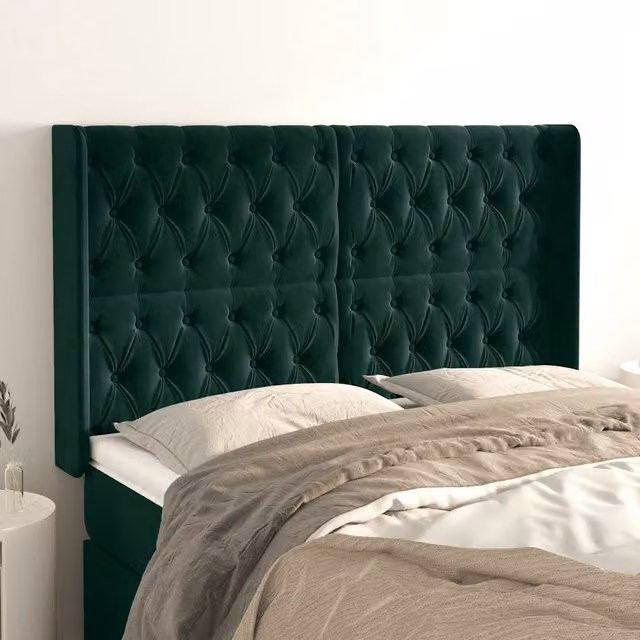 Testiera ad orecchio vidaXL in velluto verde scuro con struttura in legno e pannello imbottito L: 147 cm, P: 16 cm, H: 118-128 cm – 1