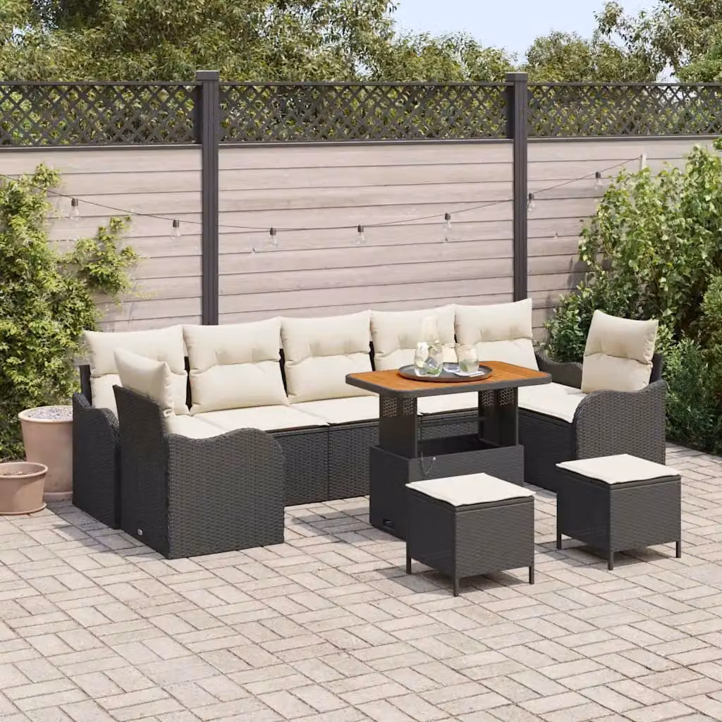 Set Divano da Giardino vidaXL 10 Pezzi in Polyrattan Nero con Cuscini e Tavolino – 1