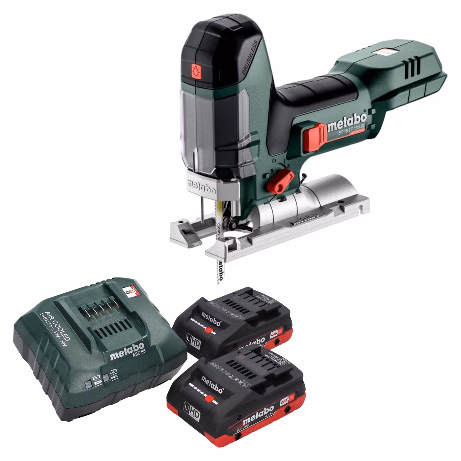 Seghetto alternativo a batteria Metabo ST 18 LT 130 BL 18 V 130 mm senza spazzole + 2x batteria LiHD 4,0 Ah + caricatore