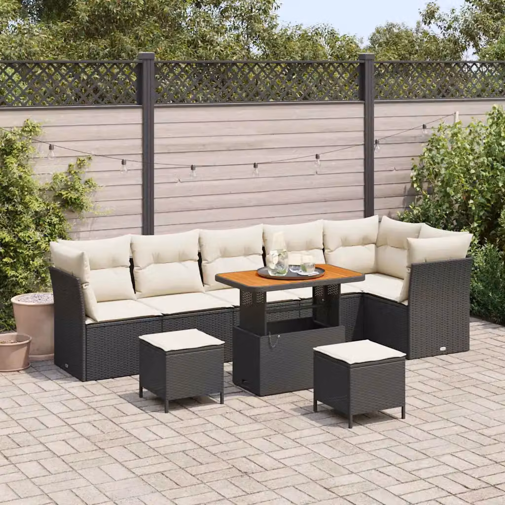 Set Divano da Giardino vidaXL 9 Pezzi con Cuscini Nero e Beige in Acciaio Verniciato a Polvere – 1