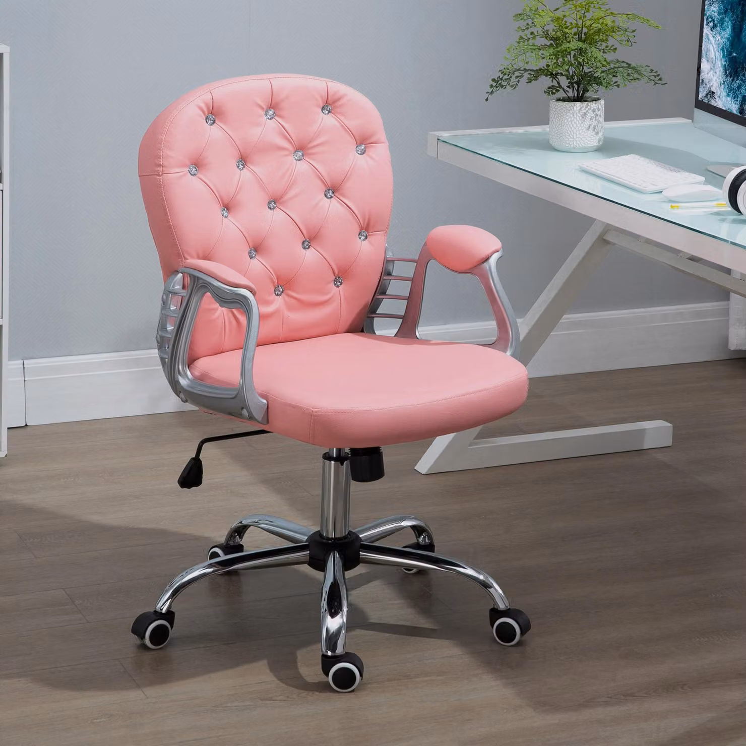 sedia da ufficio okwish sedia da lavoro girevole sedia da ufficio girevole con bottoni "diamante" sullo schienale, sedia da scrivania sedia da parrucchiere con imbottitura ad alta densità, rosa