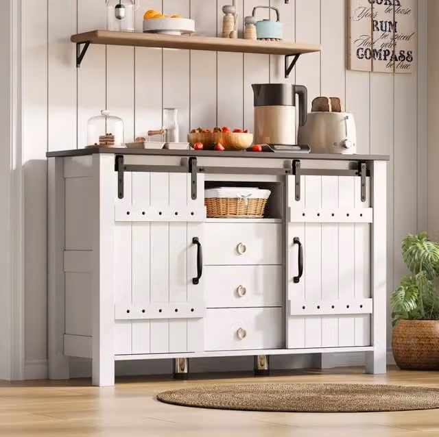 Credenza moderna 120 cm bianca con ante scorrevoli e 3 cassetti