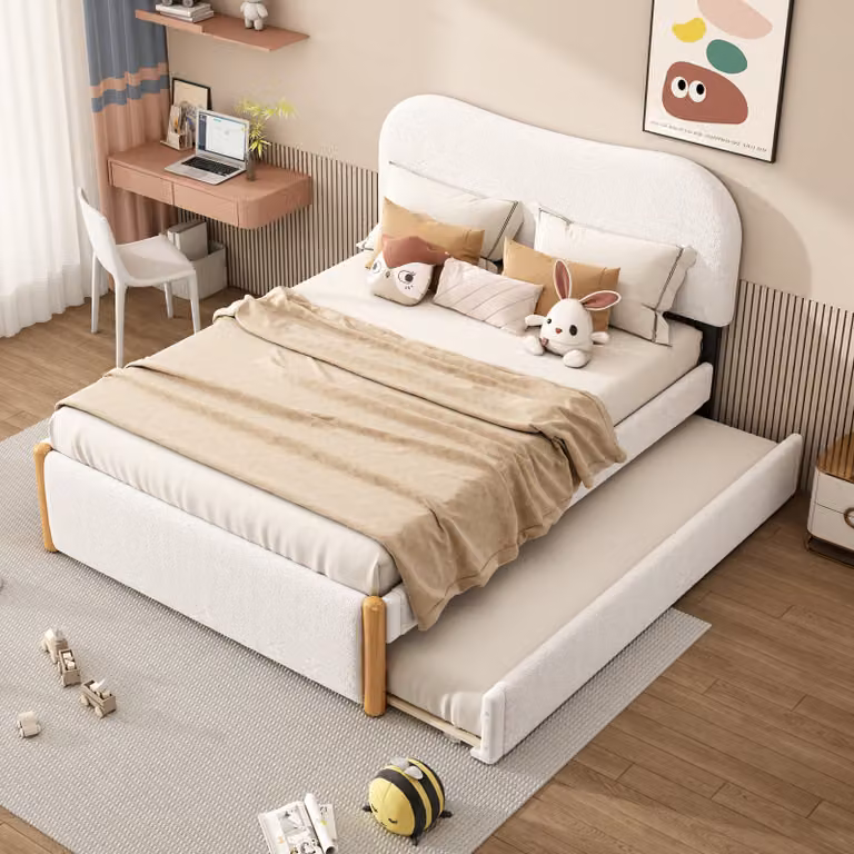 Letto imbottito Flieks 140x200cm estraibile, letto per ragazzi letto per bambini letto classico con rete a doghe, letto matrimoniale letto in legno, peluche, bianco