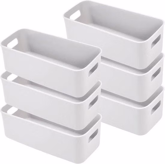 Set di 6 contenitori rettangolari per archiviazione in plastica, organizzatori per casa e ufficio, grigio e bianco