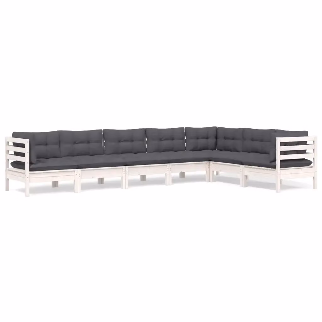 Set di divani da giardino a L vidaXL in legno di pino con cuscini bianchi e antracite – 2