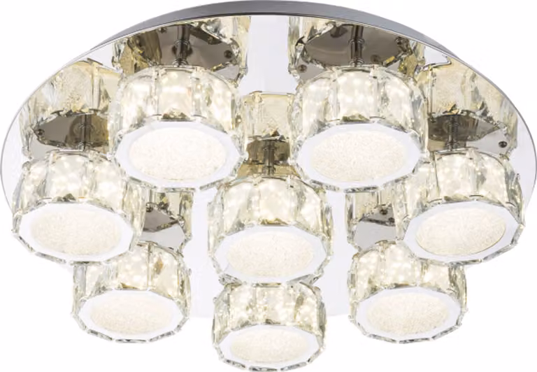 Globo Lighting plafoniera in metallo cromato, cristalli K5 trasparenti, acrilico satinato, dimmerabile, ø: 500mm, H: 110mm, incl. LED 64W 230V, sorgente 6400lm, potenza 4580lm, 4000K