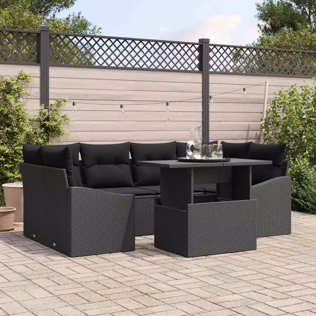 Set Divano da Giardino vidaXL 7 Pezzi con Tavolino e Cuscini, Polyrattan Nero e Beige con Struttura in Acciaio e Archiviazione per Cuscini – 1