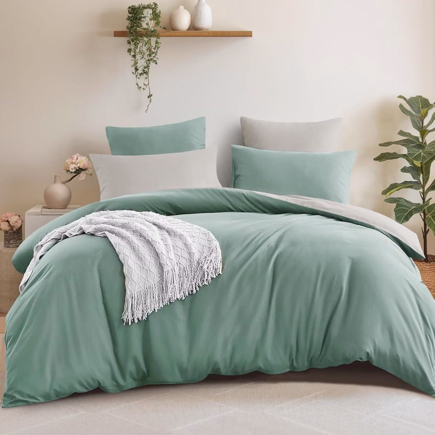 Set di lenzuola con copripiumino reversibile, dimensioni 220x240 cm, con 2 federe 65x65 cm, colore verde/beige