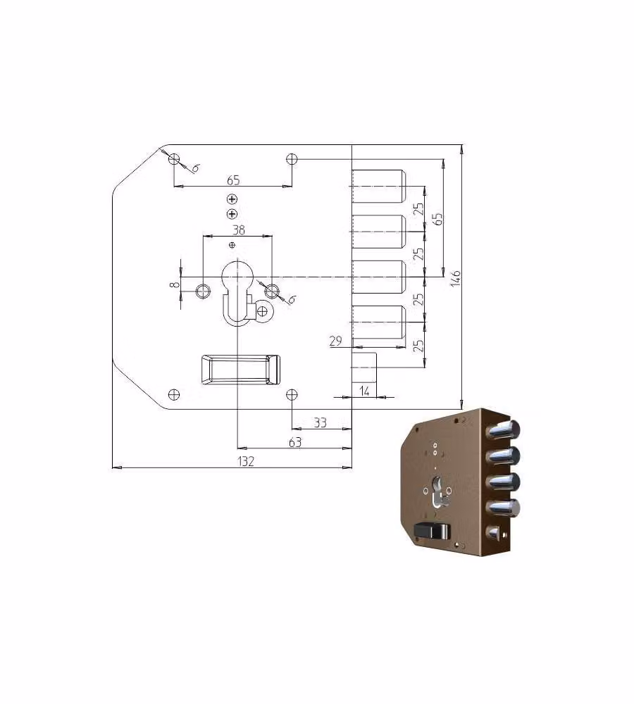 Serratura Sicura Semplice Sinistra con Cilindro 2050Pe Mc Cr in Colore Bronzo