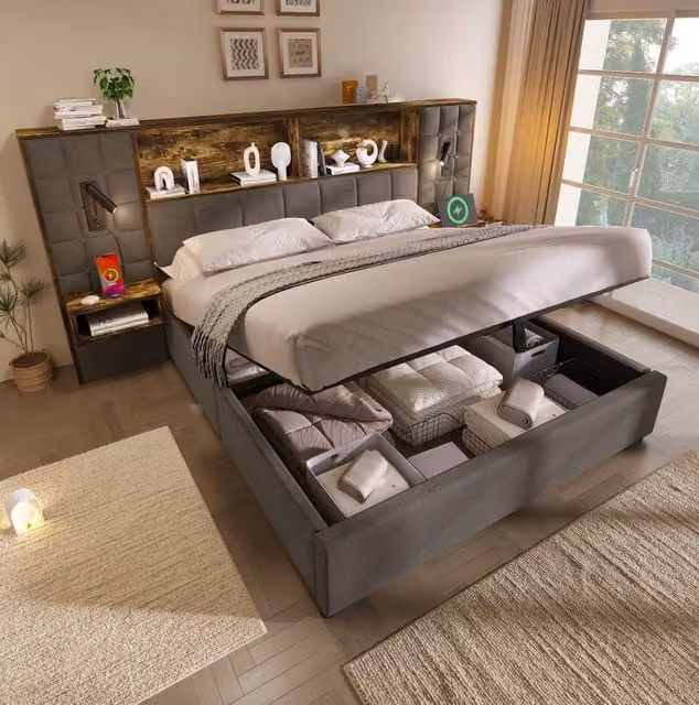 Letto 180x200 cm con contenitore; luci da lettura e comodini in lino grigio