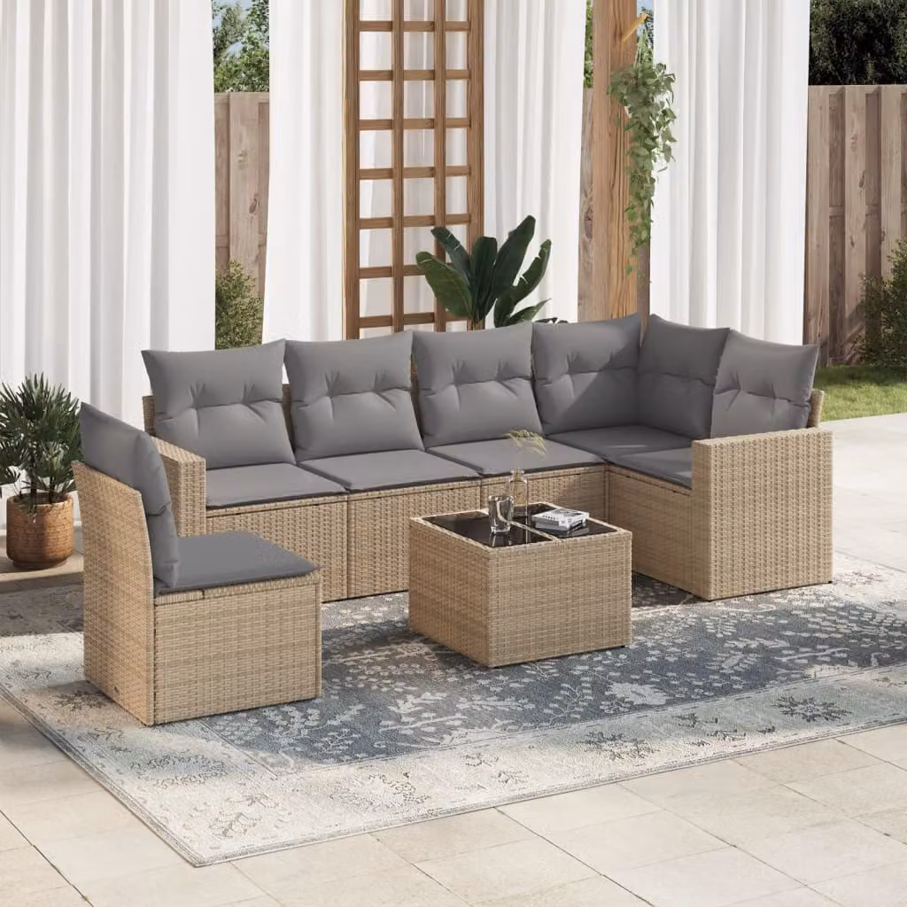 vidaXL Set Divani da Giardino 7 pz in Polyrattan con Cuscini Beige e Tavolino da Esterno – 1
