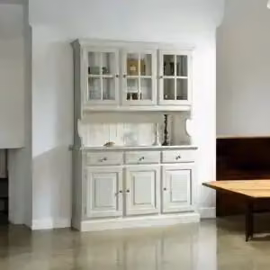 Credenza KIVIO in legno di pino con ante in vetro, stile shabby chic, colore bianco, L: 195 cm, P: 42 cm, H: 42 cm – 2