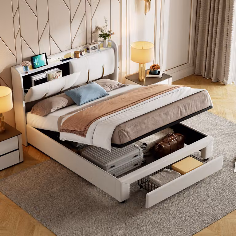 Letto imbottito Fortuna Lai 160x200 cm, LED e USB, idraulico con rete e cassetti, velluto