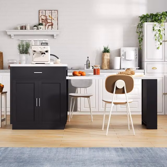 Isola cucina moderna WISHDOR con tavolo allungabile per 2-6 persone, presa integrata, 2 cassetti e vani aperti, nero opaco, L: 211,0 cm, P: 89,5 cm, H: 76,70 cm