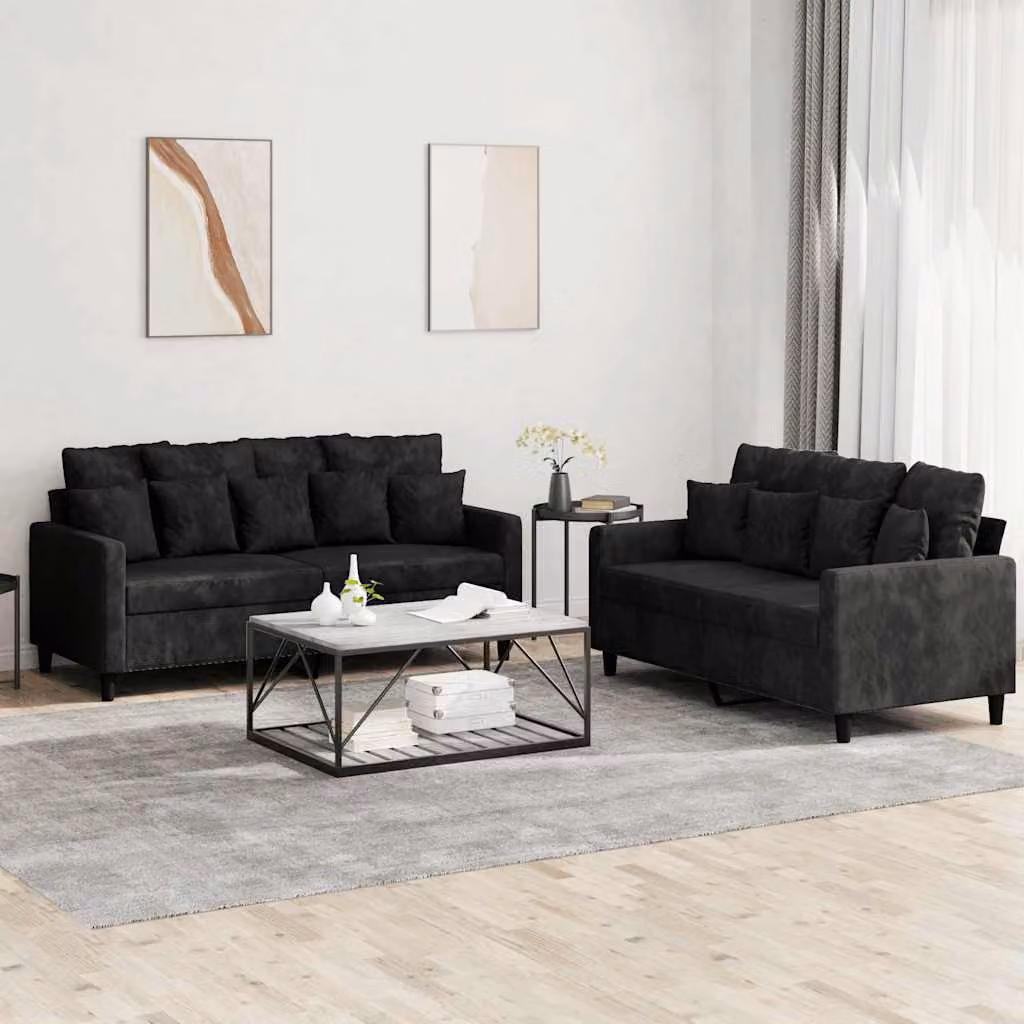 Set di 2 divani vidaXL in velluto nero con cuscini per soggiorno in stile moderno – 1