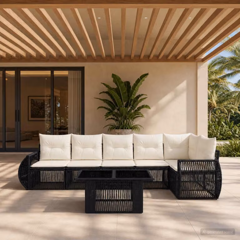 Set Divano da Giardino vidaXL 7 pz in Polyrattan con Cuscini, Colore Nero, Bianco e Beige