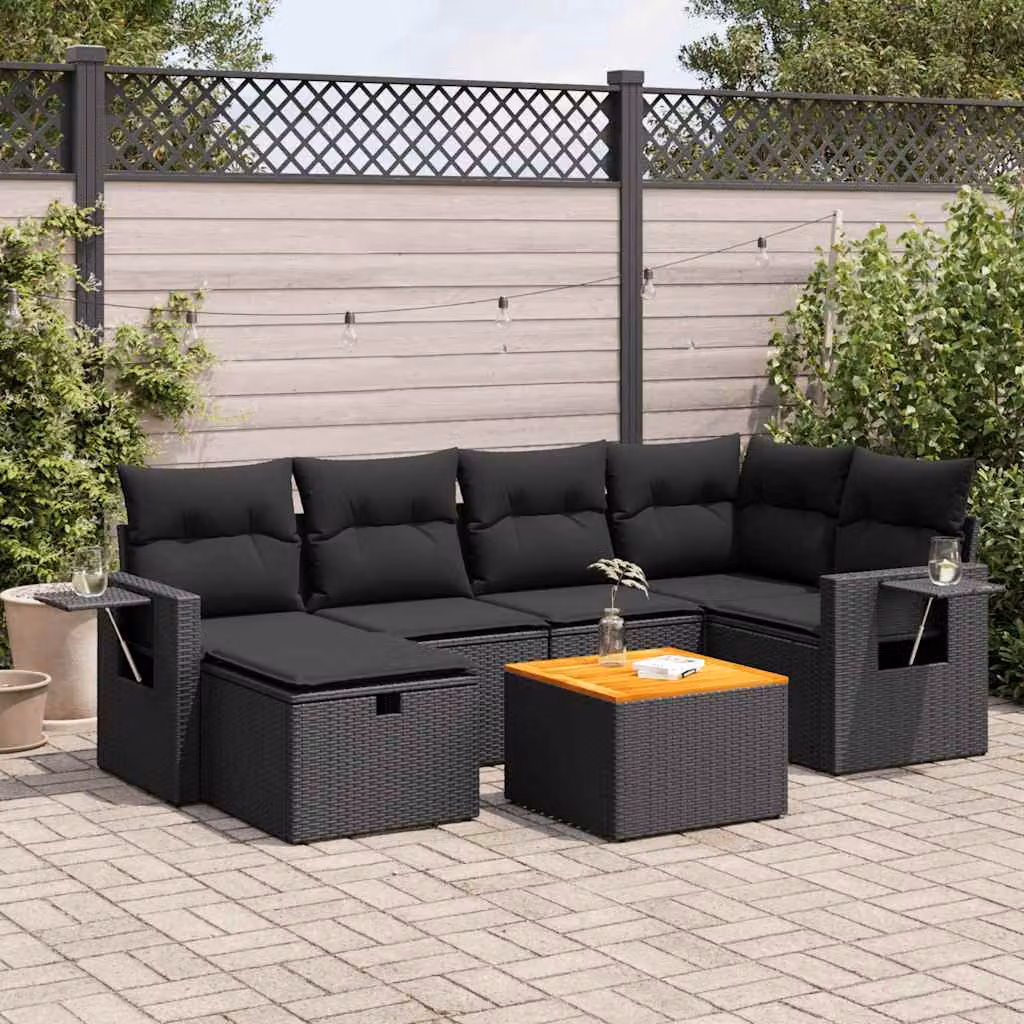 Set Divani da Giardino a L vidaXL in Polyrattan Nero con 7 Cuscini e Tavolino da Esterno