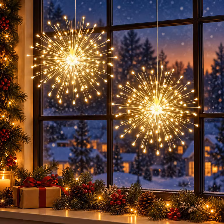 2 luci a LED "Sternburst" da 200 LED ciascuna, luce bianca calda, ideale per decorazioni natalizie, catena luminosa, filo di rame, decorazione per finestre, lampada a sospensione, set di luci. 8 modalità, dimmerabile, con telecomando