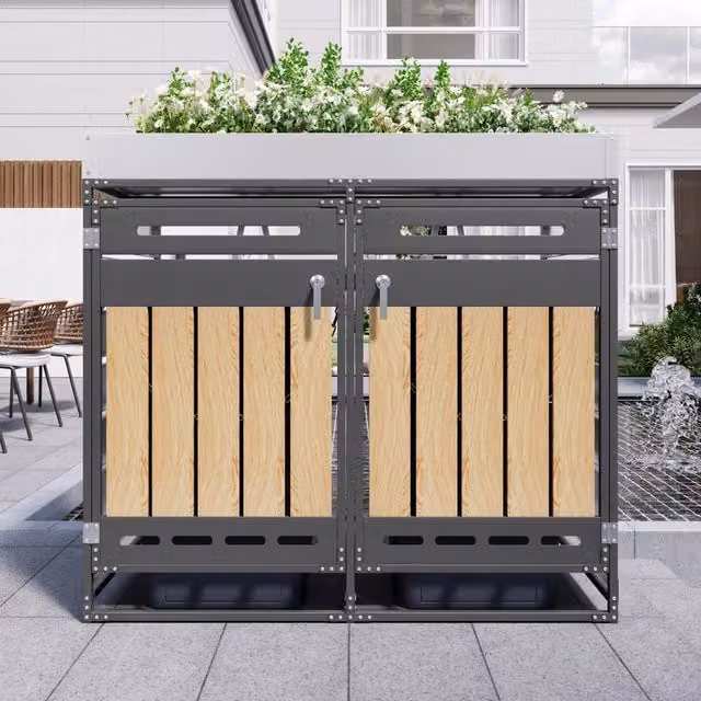 Desviae Box portabidoni con fioriera integrata a 2 scomparti in ferro nero effetto legno per giardino e terrazzo