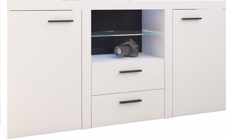 Masseno cassettiera RITMO 156 cm Credenza con 2 cassetti e 2 ante per soggiorno Camera da letto moderna 156x40x82 cm Bianco / Bianco