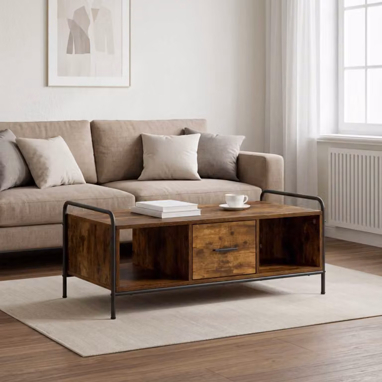 Tavolino da salotto moderno vidaXL in rovere fumo e metallo, L/P/H: 99,5 x 49 x 41 cm